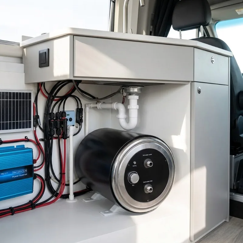 Podgrzewacz wody 12V 24V do kampera, 10L-30L, 200W 400W, niskomocowy elektryczny bojler ze stali nierdzewnej do łodzi i kamperów off-grid.