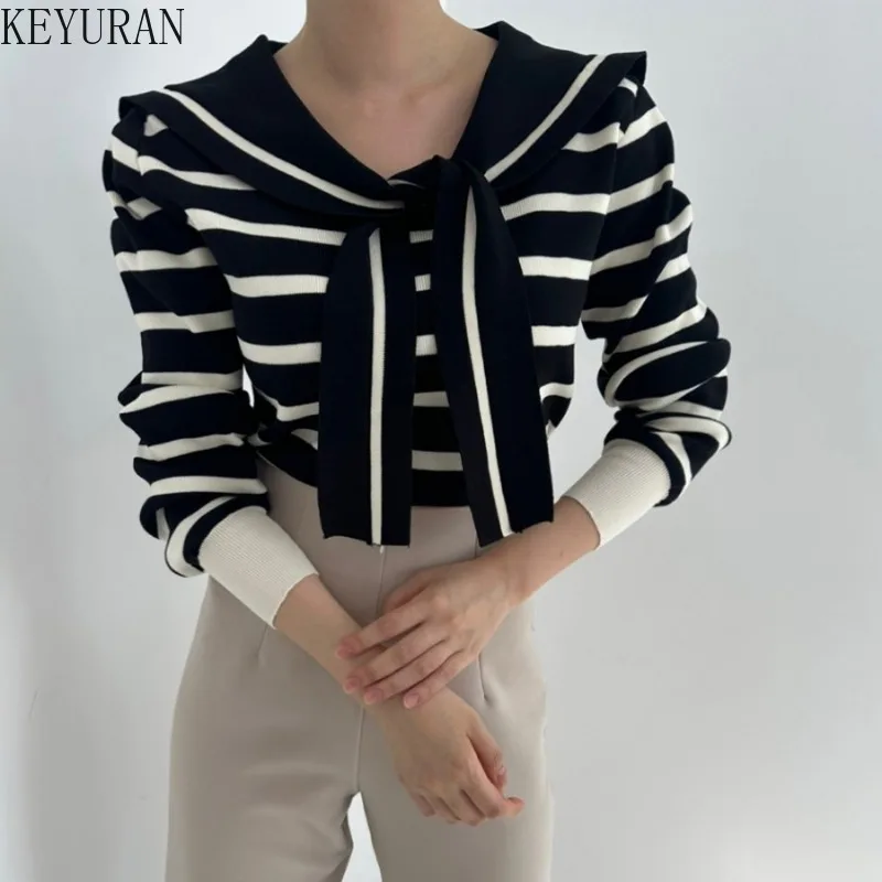 Koreański szykowny sweter z kokardą i marynarskim kołnierzem Kobiety Wiosna Jesień Vintage Długi rękaw Slim Pullover Dzianina Tops Casual Swetry