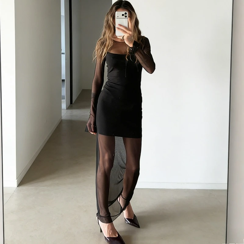 

Ticketsx элегантное прозрачное длинное платье женское модное лоскутное тонкое платье с высокой талией однотонное женское уличное платье для отдыха Vestidos