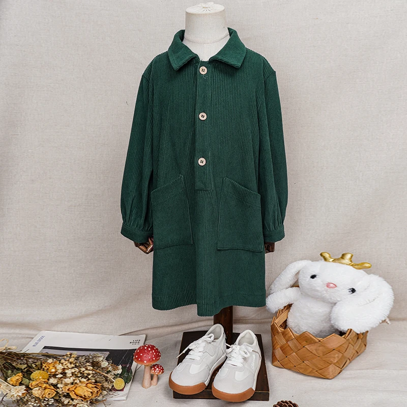 Lässiges Cordkleid für Mädchen 2026 Retro Herbst Neu Kinderkleid mit Revers Knöpfen Langarm mit Taschen Winterkleidung – Detail 13