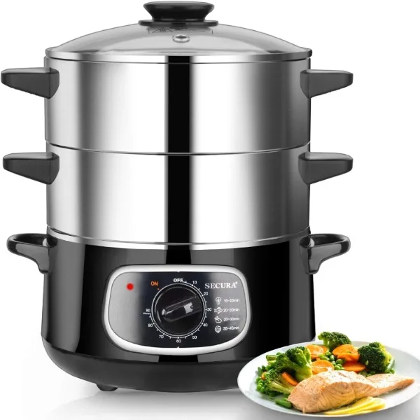 Secura 2-vaporizador de alimentos de acero inoxidable 8,5 Qt, vaporizador eléctrico de verduras con tapa de vidrio, cestas apilables de doble capa con temporizador