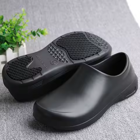 Non-Slip Chef Shoes for Both Men and Women - Lightweight and Comfortable Slip-On Wooden-Soled Shoes, Eva Upper + Waterproof/Non-Slip Rubber Sole - All-Weather Standing Work Shoes, Suitable for Kitchens, Hospitals, Restaurants, Beaches - Easy-To-Clean Non-Slip Kitchen Shoes, Specifically for Catering Service Staff