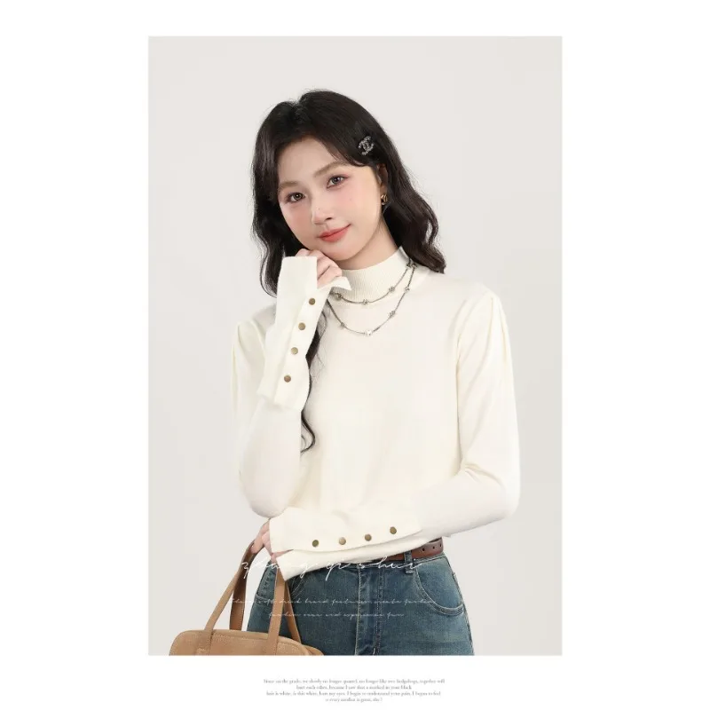 Осенне-зимний полуводолазка, однотонный нижний свитер, женский повседневный модный топ с бисером