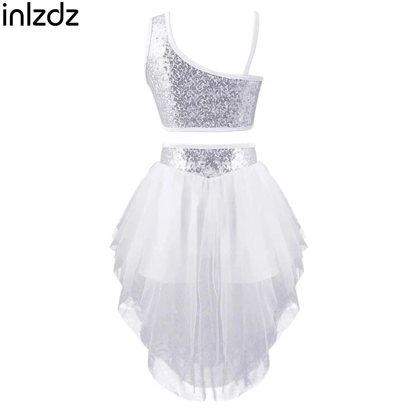 Kids Girls Ballet Dance Costume Sequins Crop Tank Top with Irregular Hem Skirts Modern Lyrical Jazz Latin Dance Performance Wear