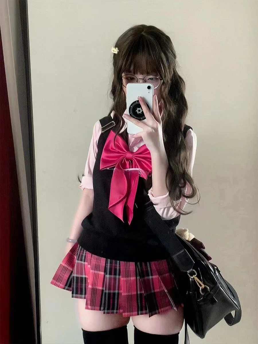 

Original JK orm Preppy Knitwear Long Sve Sweater Autumn Winter Sle Plaid Skirt Set Women's Faion Ensemble