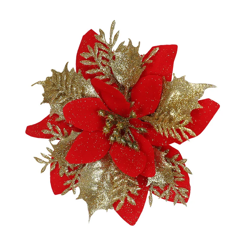 Glitter Artificial Christmas Flowers Xmas Tree Ornaments Merry Christmas Decorations for Home New Year Gifts