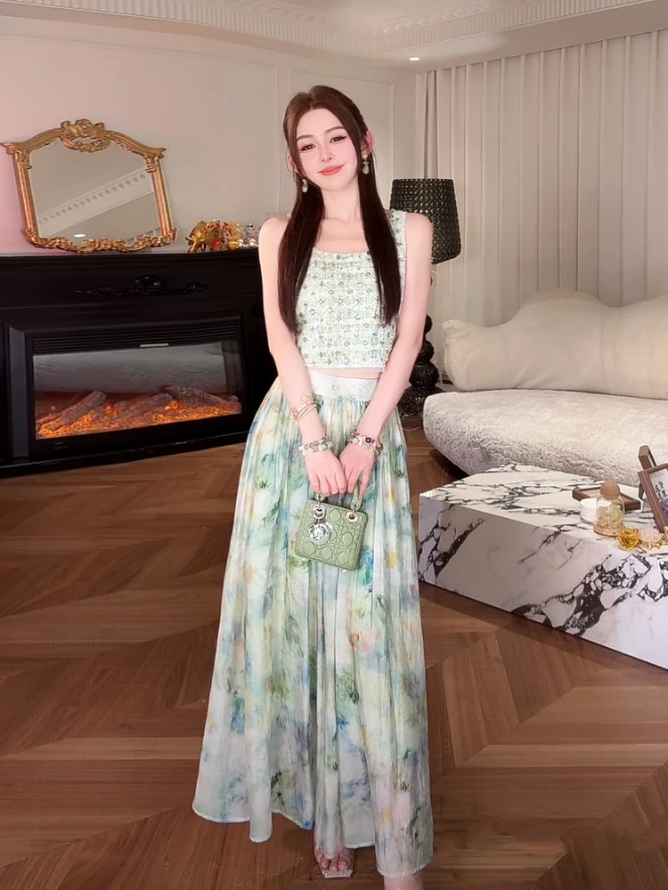 

XiaoXiao Yu Lianchi Qingpo ort Sve Vest with adient Dyeing Floral Print Square Collar Loose Fit Long f Skirt Summer...