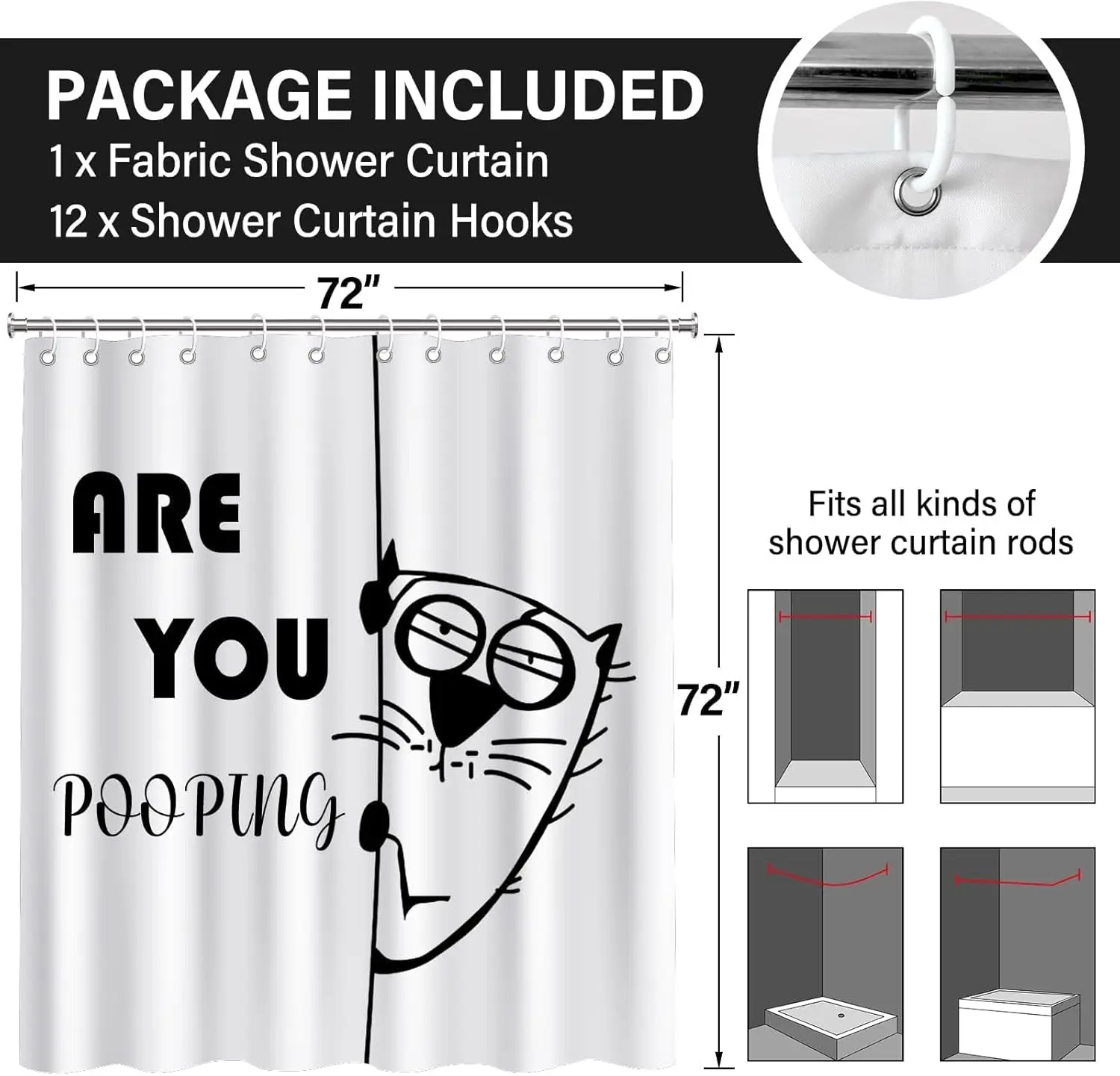 Funny Black White Cat Shower Curtain, Minimalist Humorous Quote Design, Novelty Silly Animal Style, Waterproo Bath Curtain