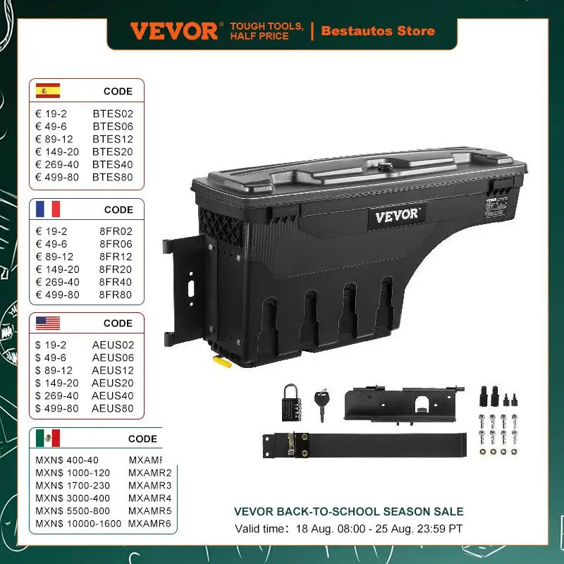 

VEVOR Truck Bed Storage Box Toyota Tundra 2007-2023 Driver Side Lockable Lid Waterproof ABS 6.6 Gal with Password Padlock