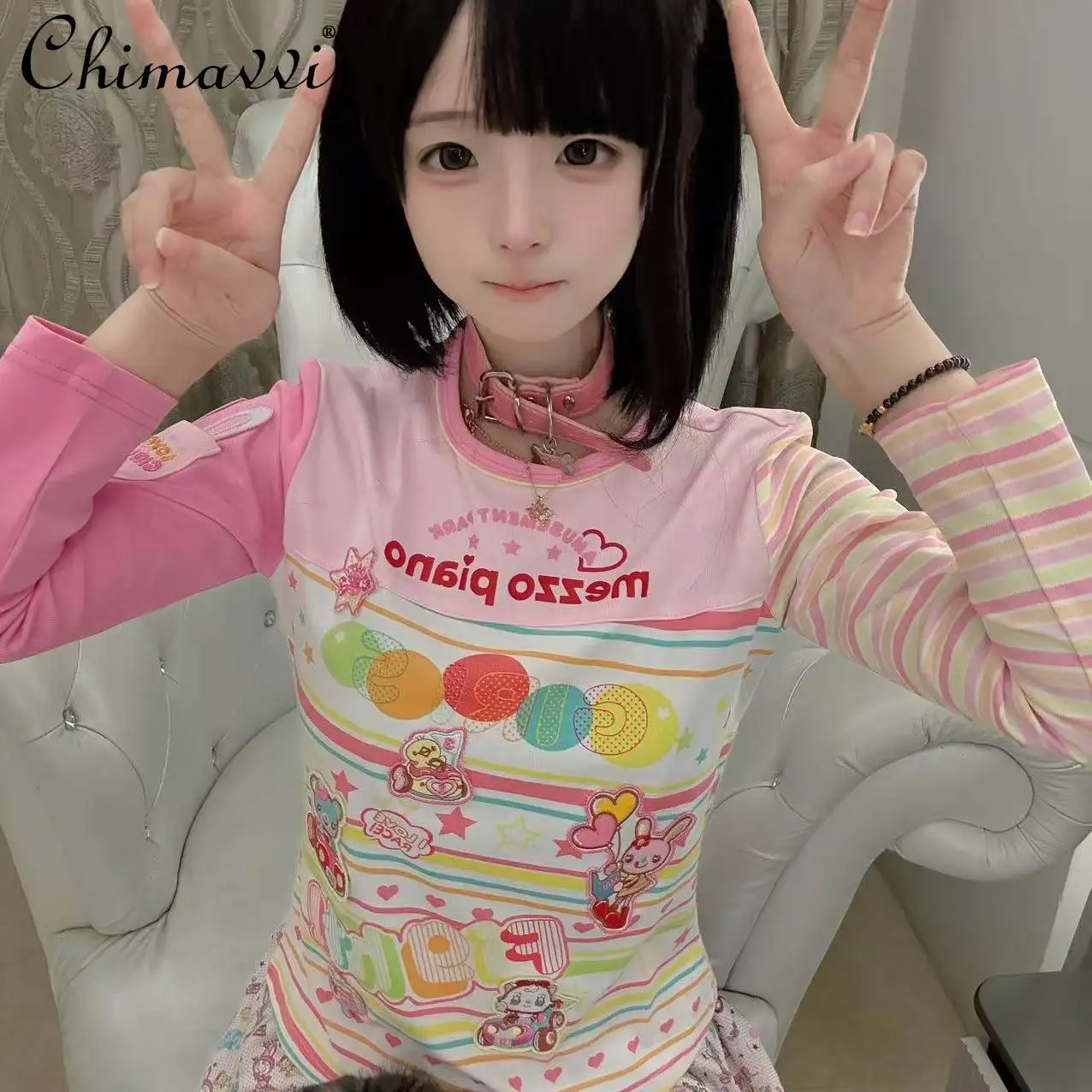 

Новая весенняя милая футболка с длинным рукавом для девочек, с полосатым принтом и вышивкой, базовый слой, в стиле Y2K, для студенток