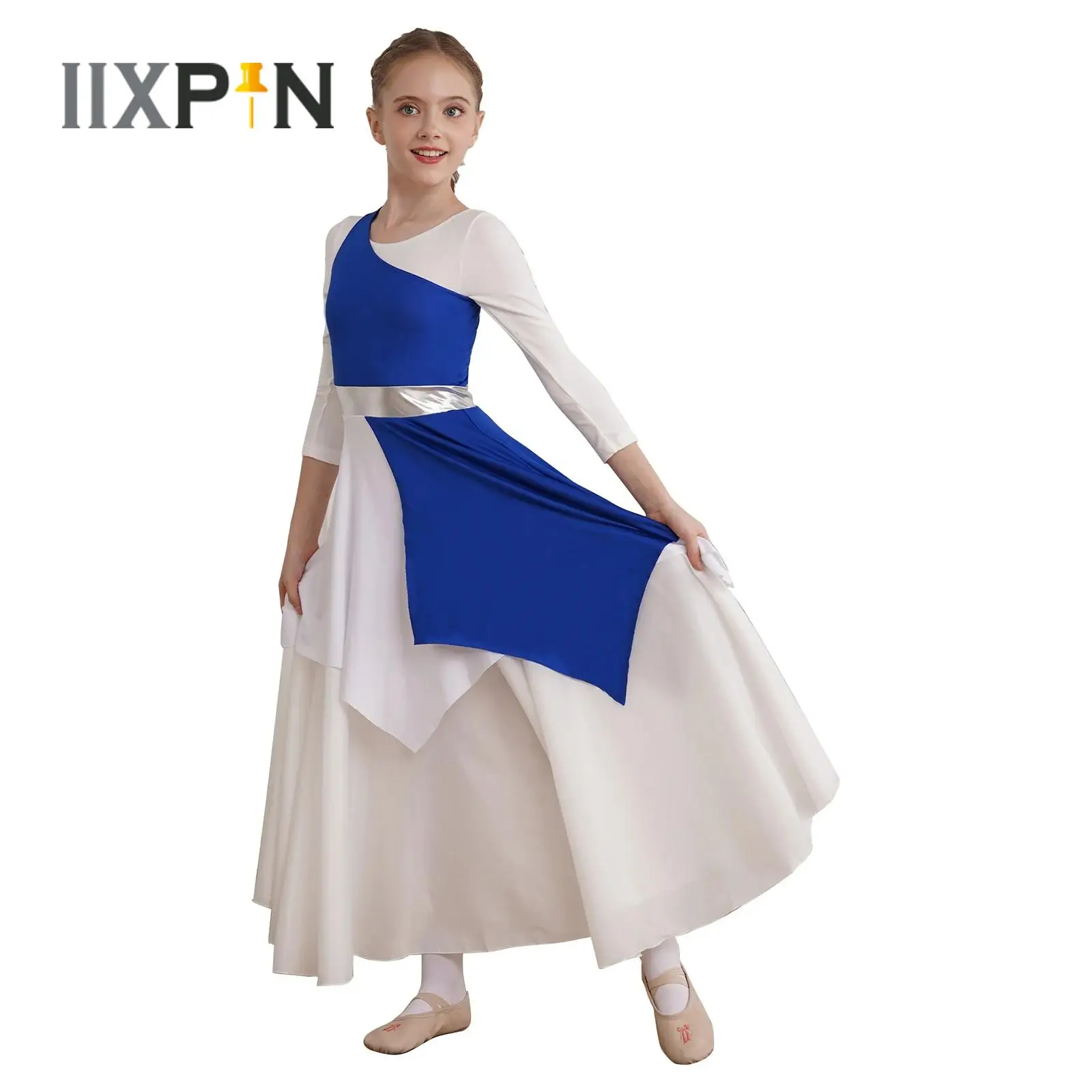 

Kids Girls Praise Liturgical Dance Dress Contemporary Lyrical Dance Costumes Sleeveless Single Shoulder Tunic Dance Dresses