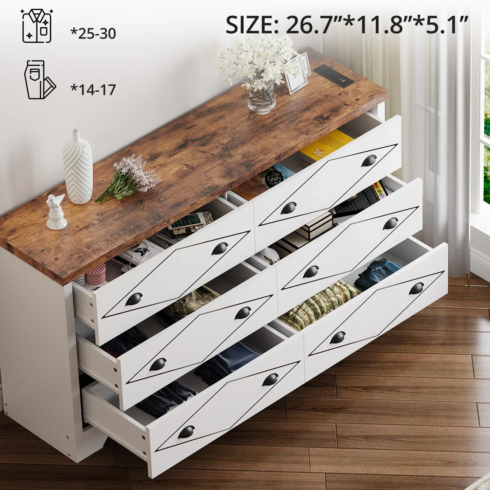 LIKIMIO 6 Drawers Dresser for Bedroom, Wood Dressers & Chest of Drawers with Charging Station, Storage Cabinet, White