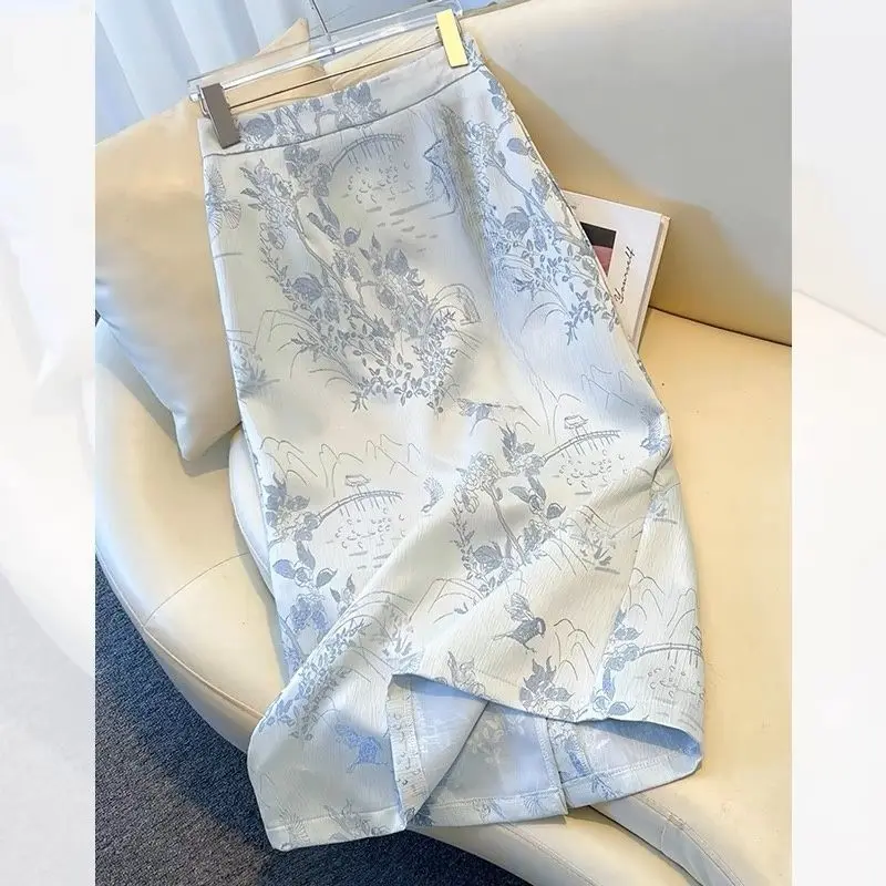 Spring Chinese Summer Women Slim High Waisted Dobby Floral Blue Black Beige Skirt , Woman Jacquard Middle Length Penvil Skirts