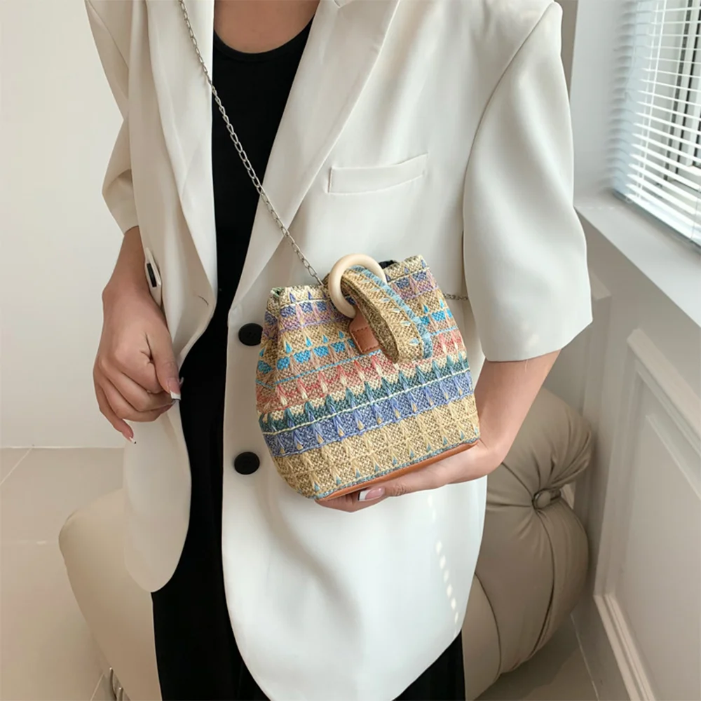 

Vintage Straw Woven Bucket Bag Crossbody Handbag New Small Bag Colorful And Simple For Ethnic Style Bag Color Options