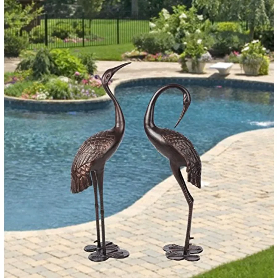 Cast aluminum cranes for yard garden sculpture pair: upright and preening standing crane heron couple, bronze finish, weather-r