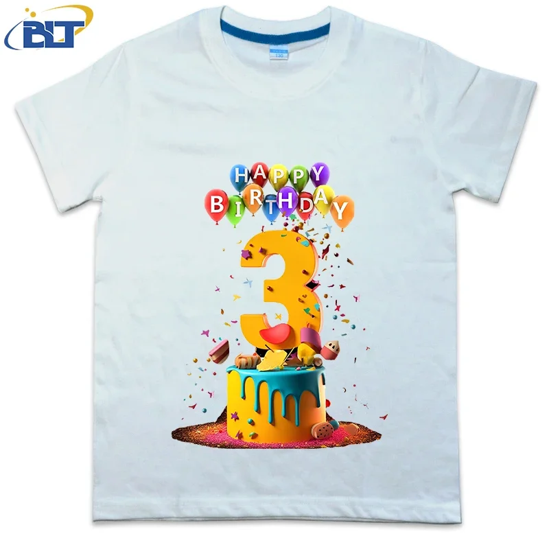 Camiseta de algodón de manga corta para niños y niñas, feliz cumpleaños, 3 años, regalo de verano