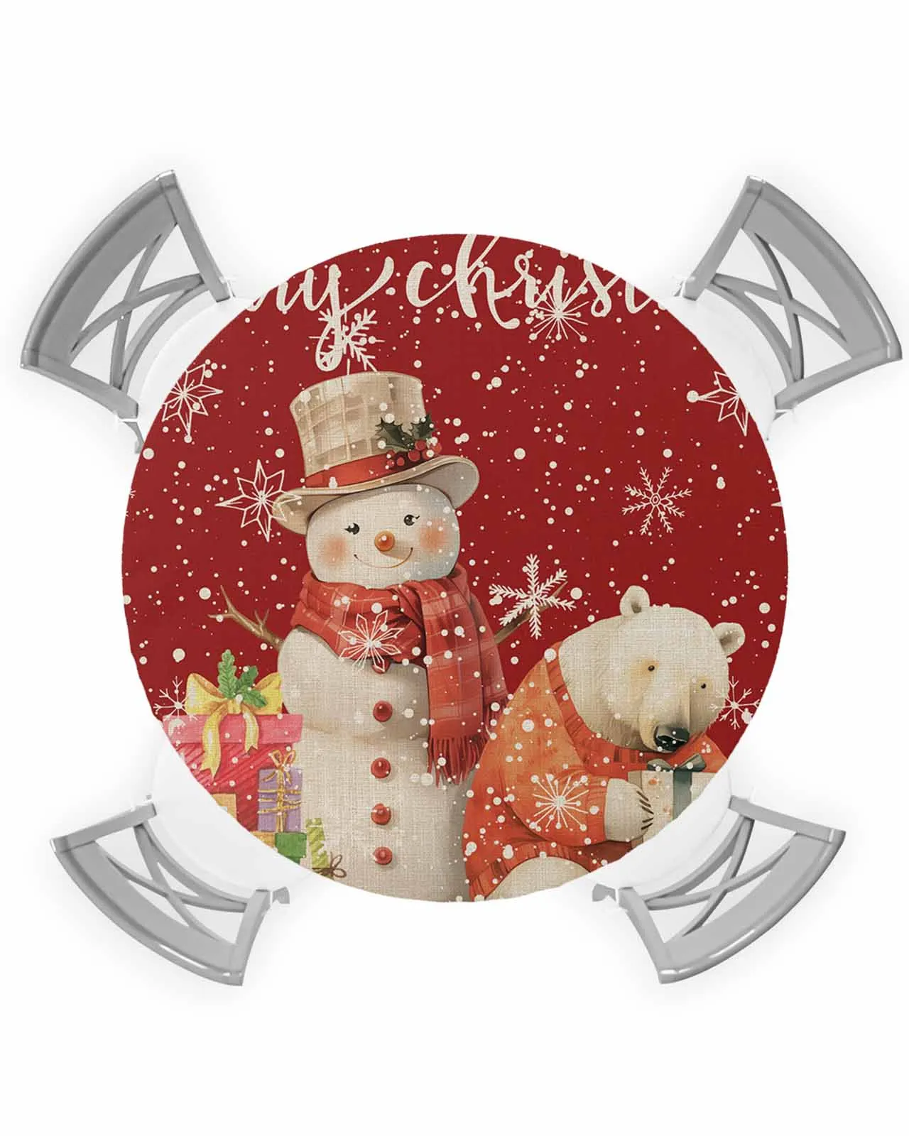 Snowflake Snowman Bear Round Elastic Edged Table Cover Protector Cloth Waterproof Fitted Tablecloth