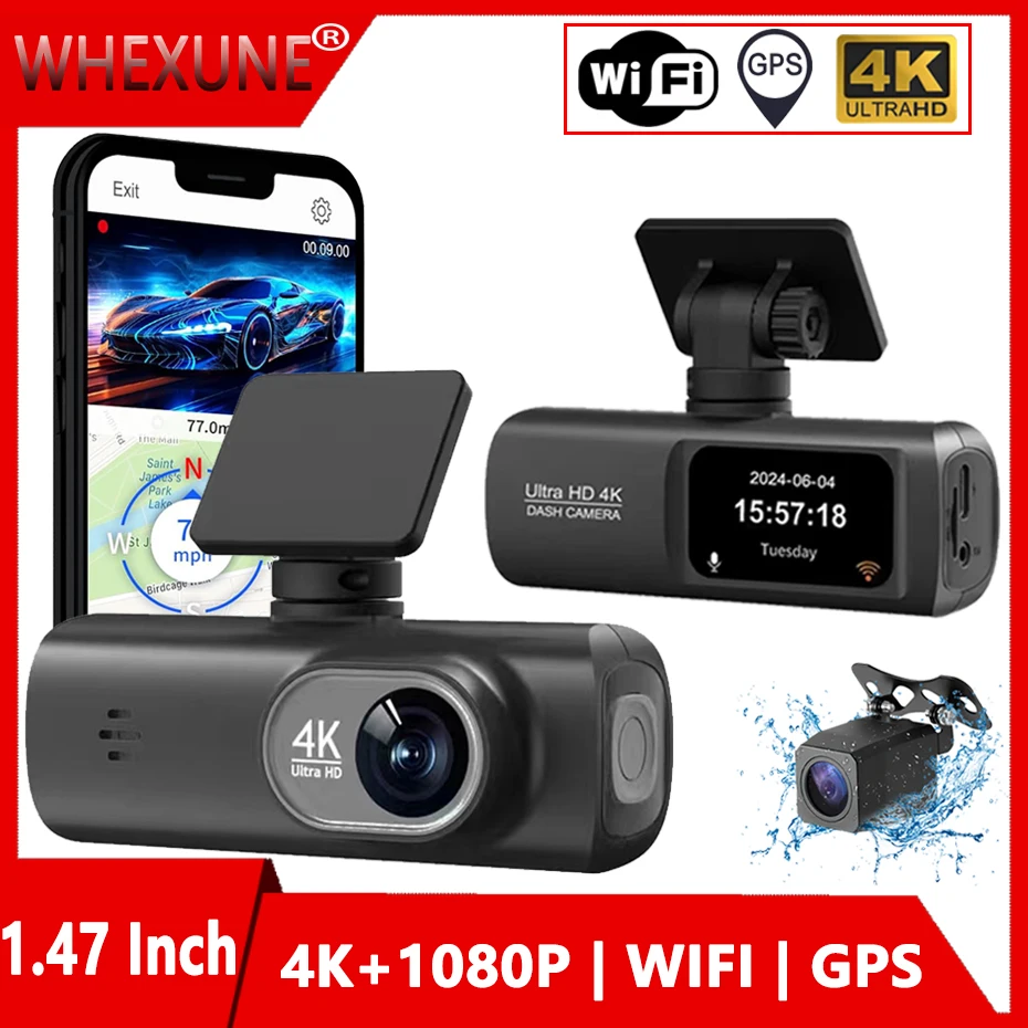 

WHEXUNE UHD 4K Dash Cam for Cars Front and Rear Dual Lens 1080P Rear Lens Built-In WiFi G-Sensor With GPS Car DVR Video Recorder