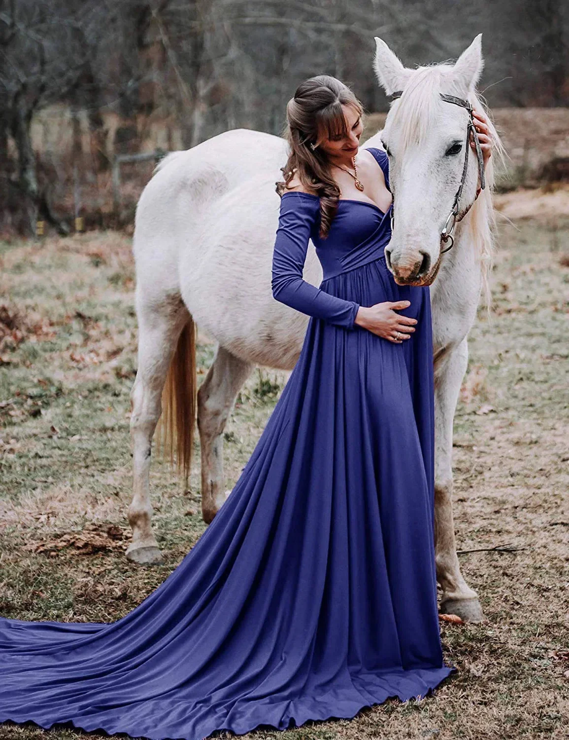 Vestido largo de algodón mercerizado con cuello en V y hombros descubiertos para fotografía, ropa de maternidad