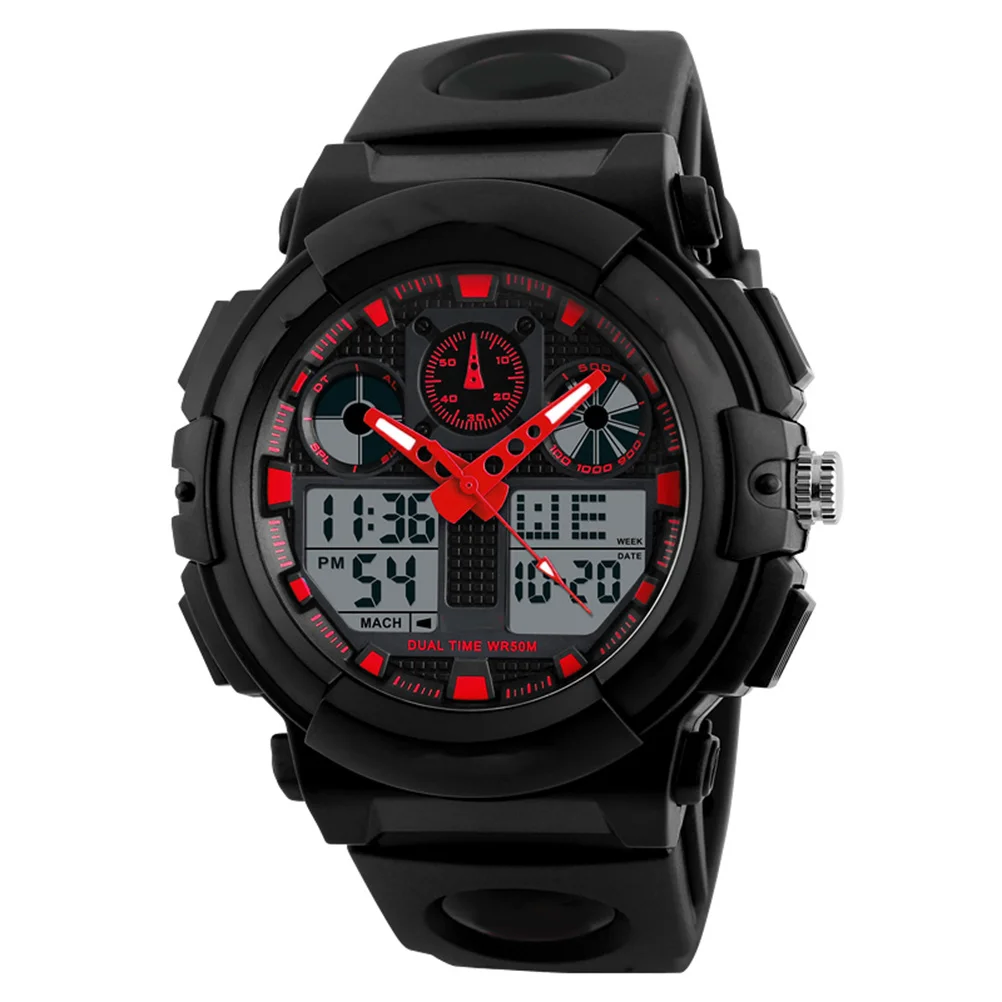 

Waterproof Digital Watch For Men Red Led Dual Display Chronograph 50M Water Resistant Alarm Date Week El Backlight Pu Strap