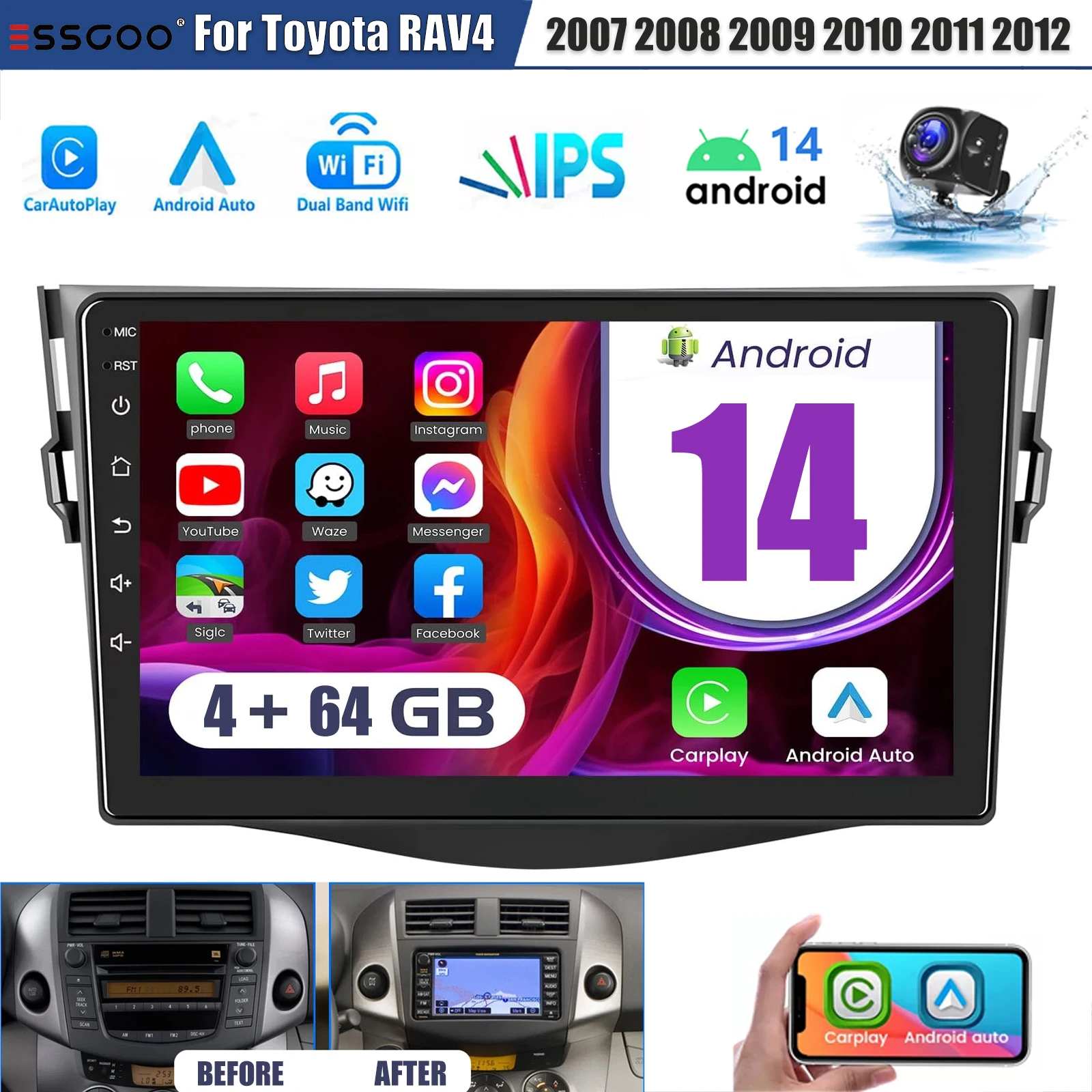 

ESSGOO 9" Car Stereo Carplay For Toyota RAV4 2007-2012 Android Auto Multimedia Player Radio Android 14 GPS Navi Wifi BT FM SWC