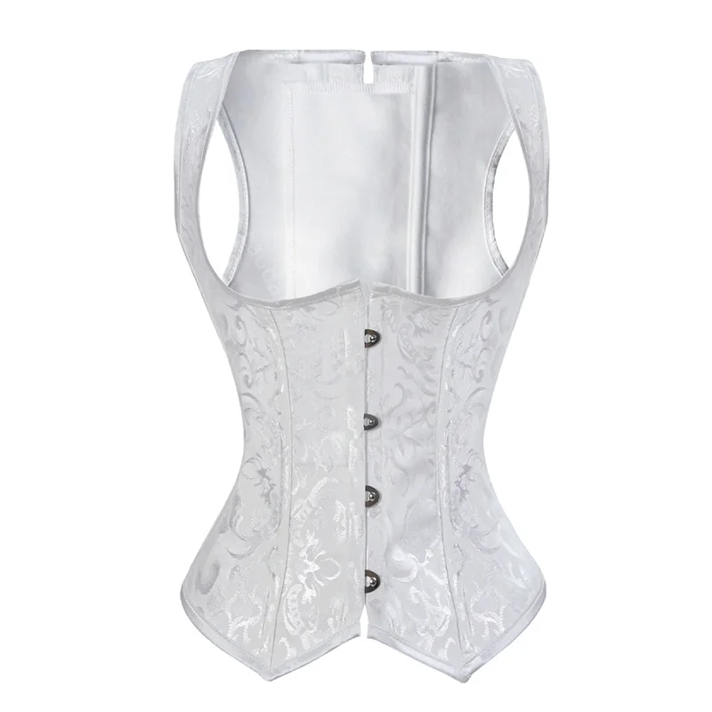 

caudatus Underbust Corset Straps Top White Shapewear Spiral Steel Boned Vest Sexy Jacquard Bustiers Outwear Pus Size Black