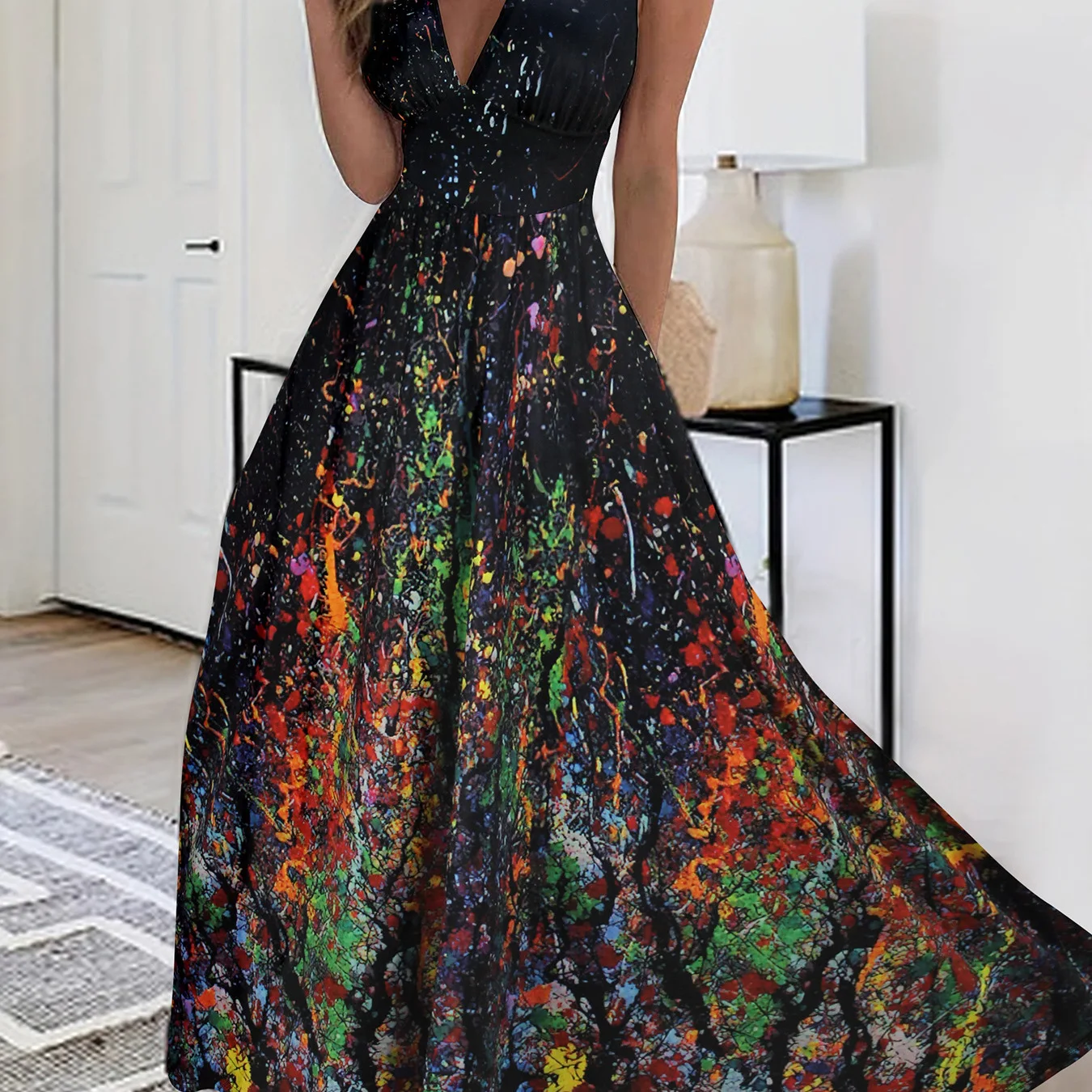 Vestido largo elegante sin mangas con cuello en V para mujer de talla grande, vestido informal de moda adecuado para sabores europeos y americanos