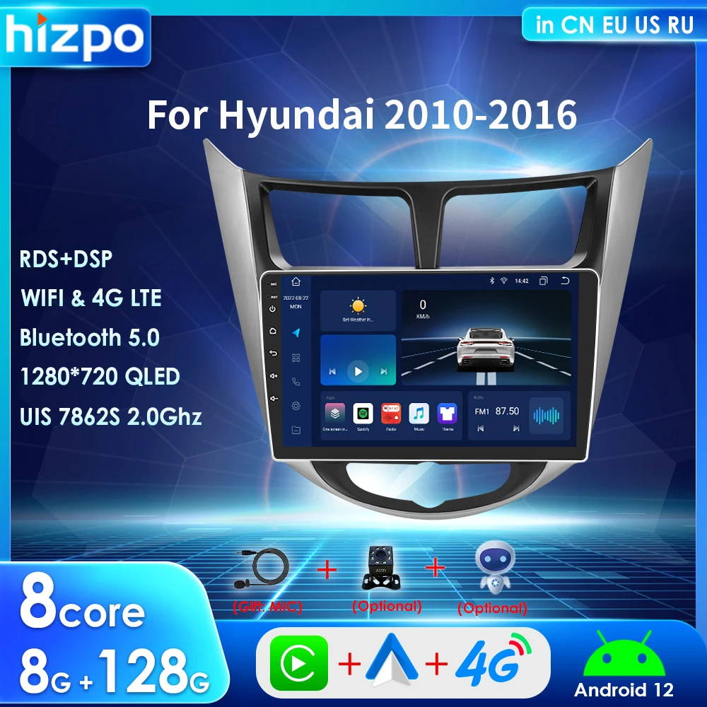 

Hizpo 2 Din Car Multimedia Player for Hyundai Solaris Accent Verna Radio Android 12 4G GPS Navigation Stereo Receiver RDS DSP BT