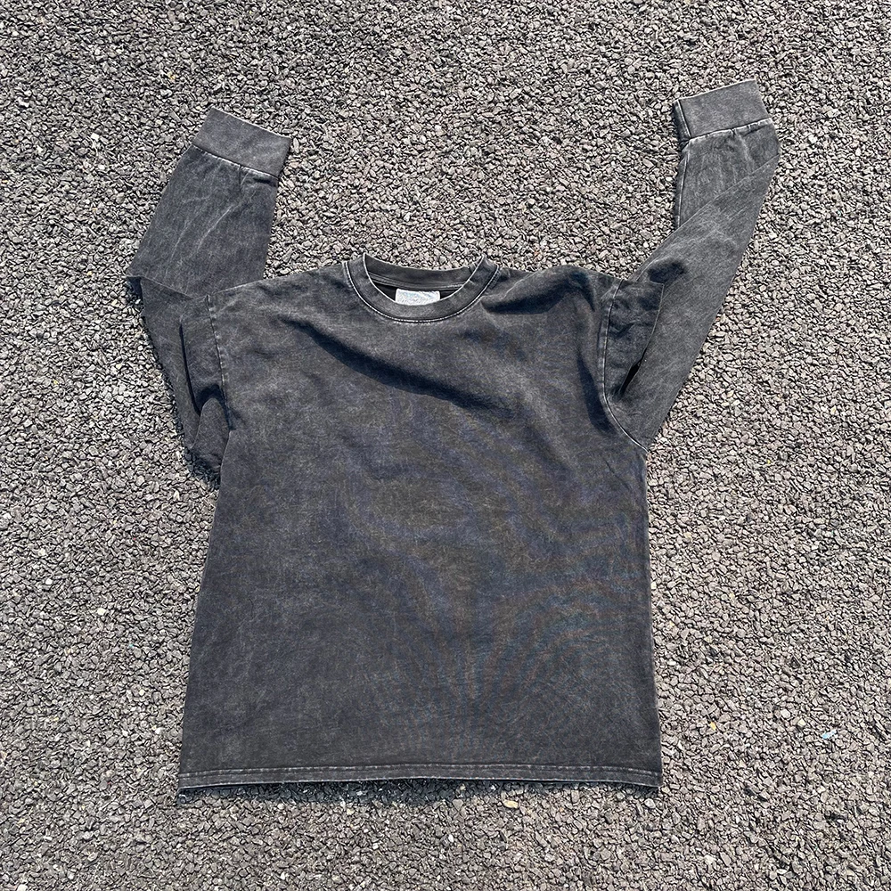 Heavily Worn Washed Long Sleeve T-Shirt 260G Basic Style Underwear for Couples Large Size Youth Fashion Summer Loose Fit roun...