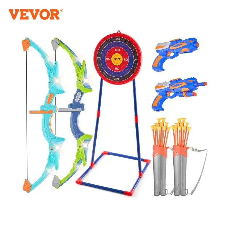 VEVOR Ensemble d'arc et flèches pour enfants, lot de 2, kit tir à l'arc lumineux LED, 20 flèches à ventouse, cible debout, 2 carquois, 20 balles souples, 3 canettes de cible pour garçons filles 6+ ans