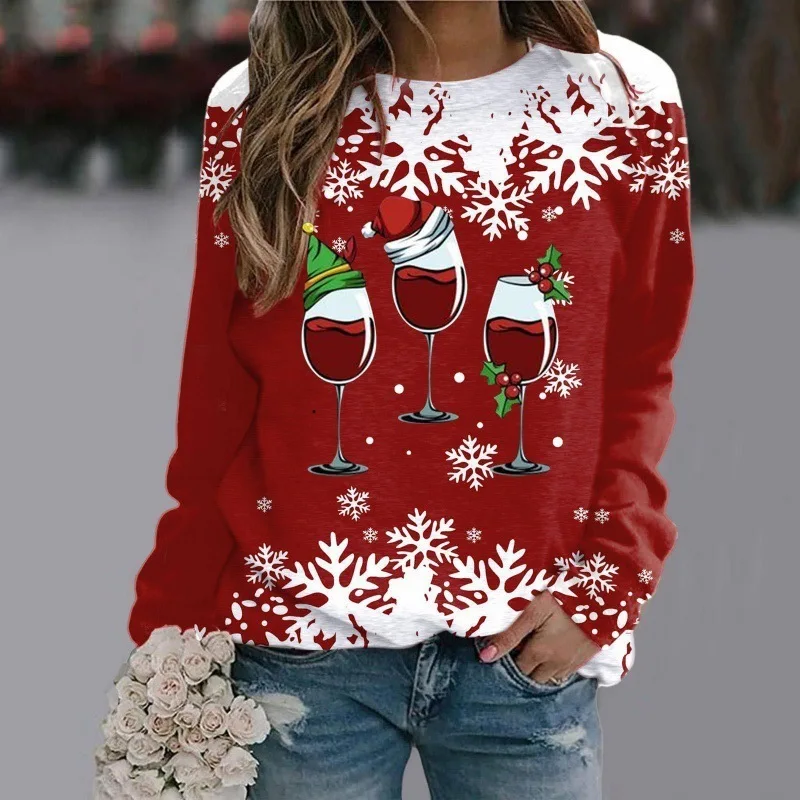 

Christmas women's hoodie, women's red wine glass, Christmas hat, snowflake, European and American raglan sleeve hoodieWA2