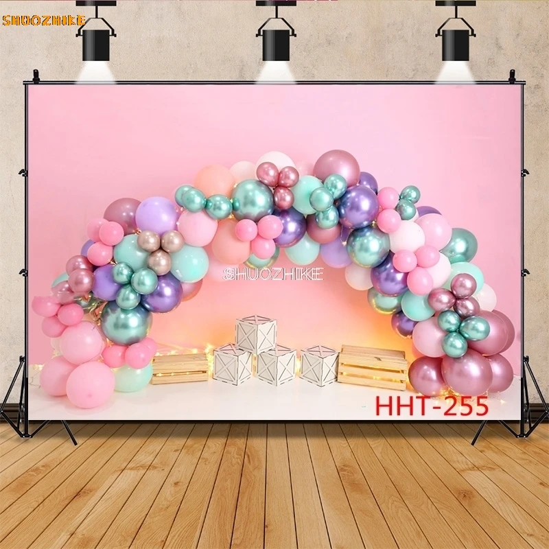 SHUOZHIKE-decoración personalizada, arco de globo colorido, Fondo de muñeco de nieve para bebé recién nacido, fondos de fotografía de cumpleaños, FSS-110