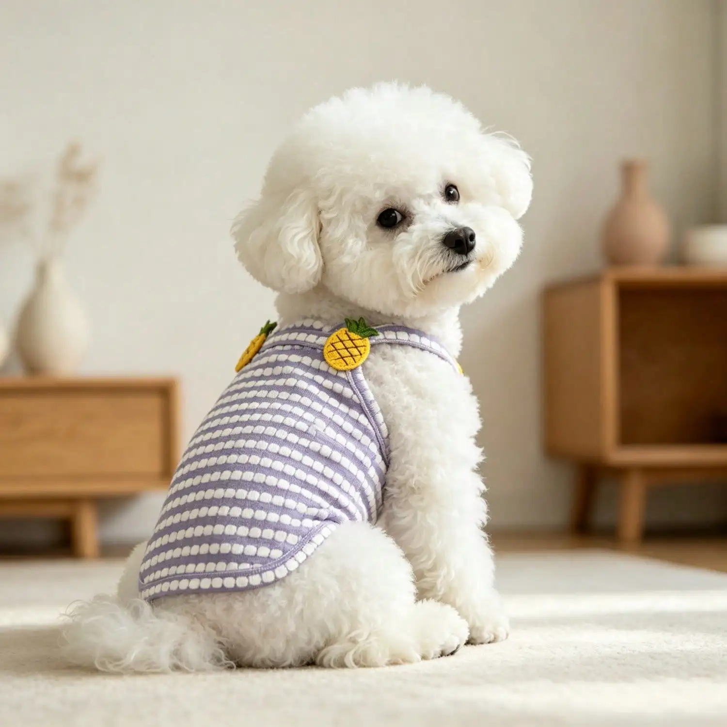 1 Stück gestreiftes Strick-Hundetanktop mit 3D-Frucht-Blumen-Ornament, atmungsaktive Welpenweste für kleine Hunde – Detail 11