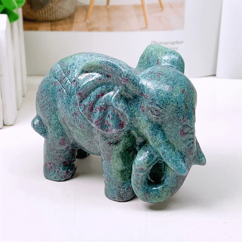 Natural Ruby Sapphire Elephant Carving Statue, Animal Ornament, Home Art, Collectible Gift, 1Pc