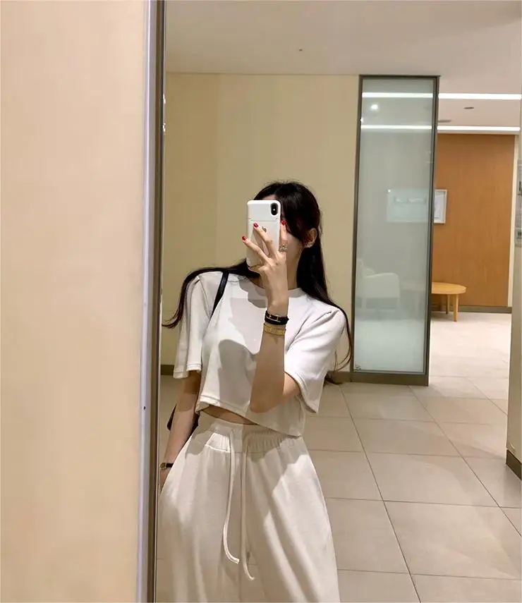 

Fashionable Color Casual Set Women's Summer Simple Elegance Short T-Shirt High Waist Straight Leg Long Pants Two-Piece Set