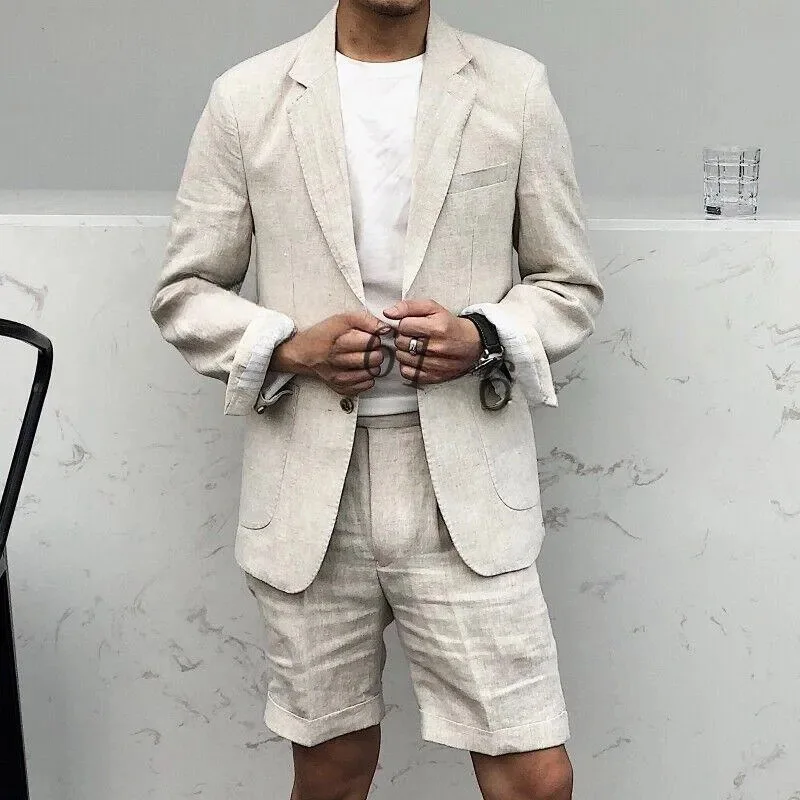 Beige Suits for Men Summer Outfits Shorts with Blazer 2 Piece Single Breasted Notch Lapel Slim Fit Beach Costume Homme Complet