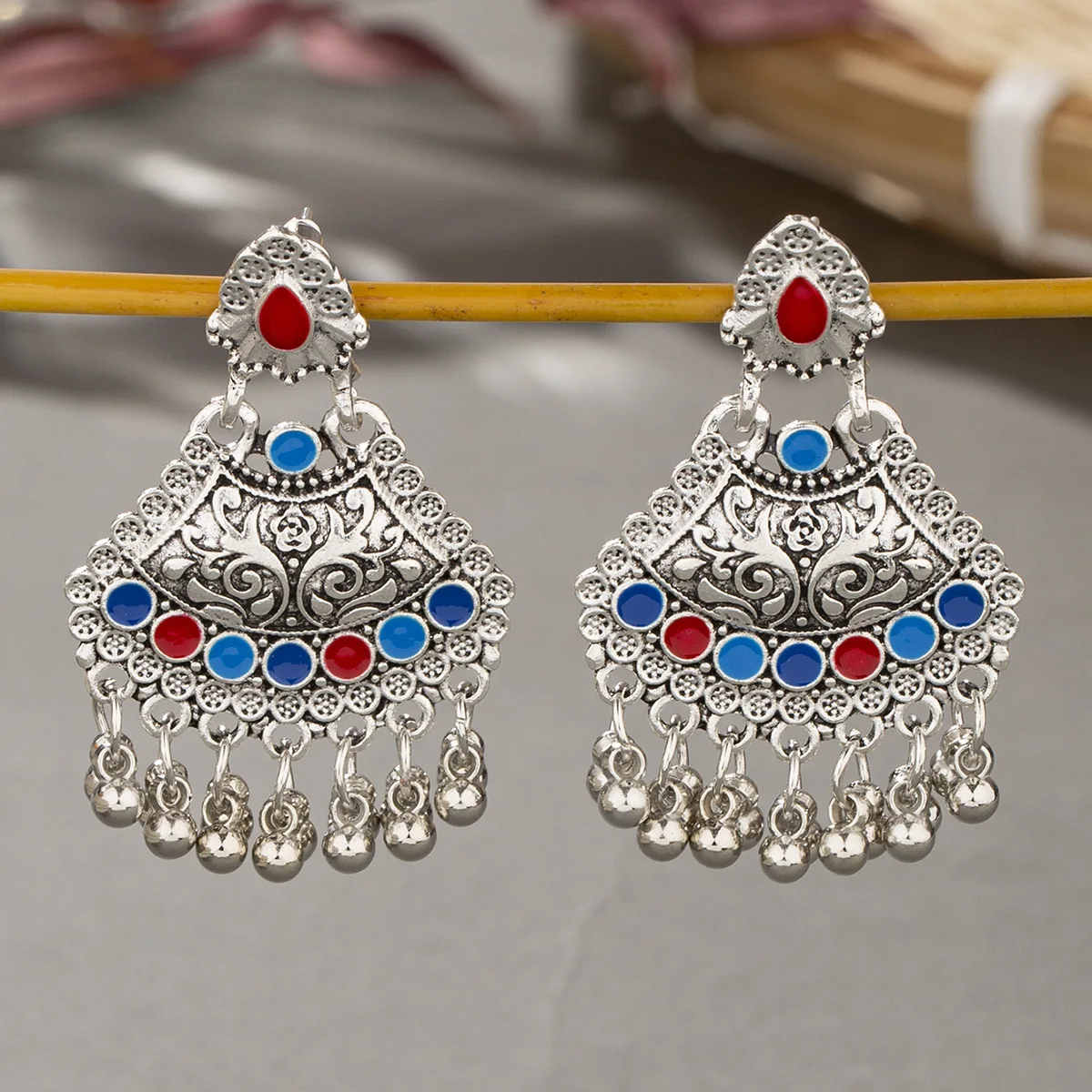 Ethnic Antique Silver Color Earring Tibetan Geometric Carving Drop Earrings for Women Vintage Beads Hanging Ear rings Jewelry