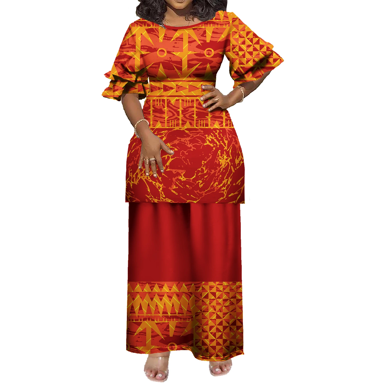 Custom Double Layer Sleeve Top and Skirts Two Pieces Set Polynesian Printed Samoa Puletasi Women Clothing Plus Size Dress