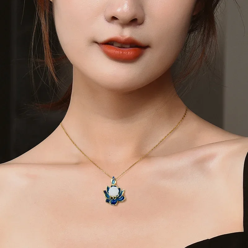 Ожерелье с подвеской из эмалированного нефрита, цепочка на ключицу из титановой стали в стиле ретро, кулон с перегородчатым лотосом, ожерелье с стручками лотоса