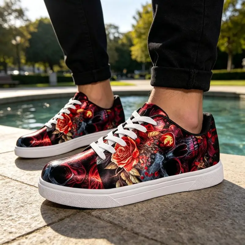 Ladies Men's Road Running Shoes，Fashionable Skull and Rose Print，White casual sneakers，Comfortable outdoor sports shoes - view 5