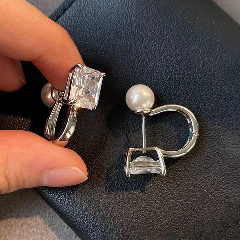 

Real 925 Sterling Silver 18K Gold Pearl Zircon Square Hoop Earrings for Women Trendy Fine Jewelry Geometric Accessories