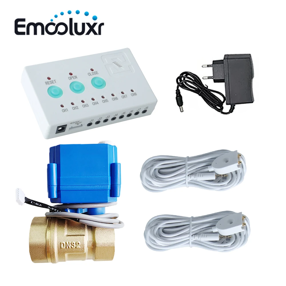 Household Dual-Way Water Leak Alarm System Electric Shutoff Valve DN32 1-1/4inch with 2pcs 6M Sensors EU US UK Plug for Choice