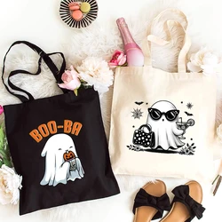 Cute Ghost Boba Tea Halloween Ghost Canvas Tote Bag Vintage Y2K Aesthetics Women Party Shoulder Bag Shopping Bag Teen Handbag