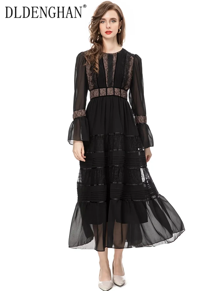 

DLDENGHAN Autumn Long Dress Women O-Neck Flare Sleeve Draped Lace Patchwork Elegant Party Dresses Fashion Designer New