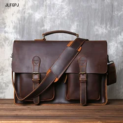 JLFGPJ Large Capacity Horizontal Crazy Horse Leather Handbag Men's Top Layer Cowhide Fashionable Zipper Crossbody Briefcase