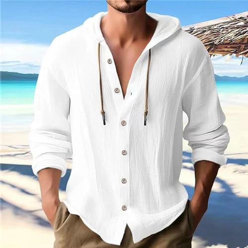 Imagen 2 del producto Camisa de lino y algodón de verano para hombre, ropa informal firme, Sudadera con capucha de manga larga, ropa para hombre, Tops con botones, camisa holgada informal con capucha para hombre