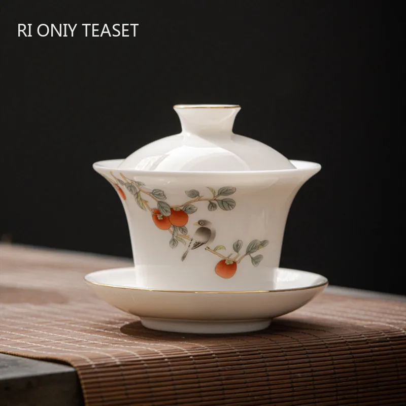 

140ml Chinese Suede Jade Porcelain Persimmon Gaiwan Teacup Traditional Handmade Ceramic Tea Tureen Tea Bowl Travel Teaware