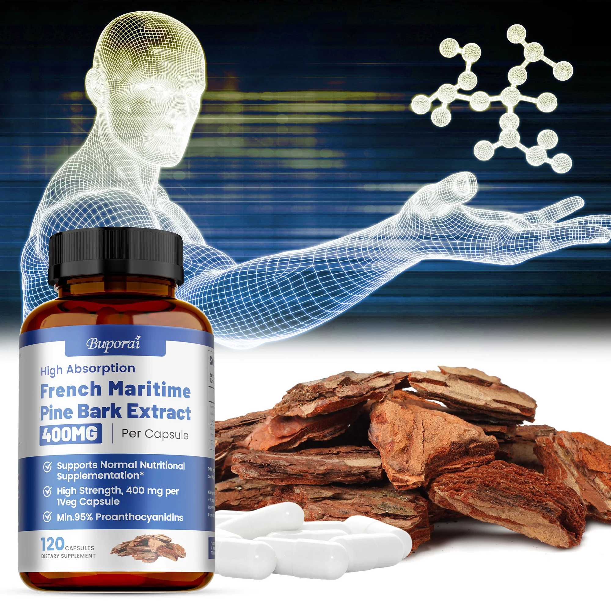 French Maritime Pine Bark Extract - Nutrient Absorption, Promotes Healthy Hair and Skin, Antioxidant, Supports Blood Circulation
