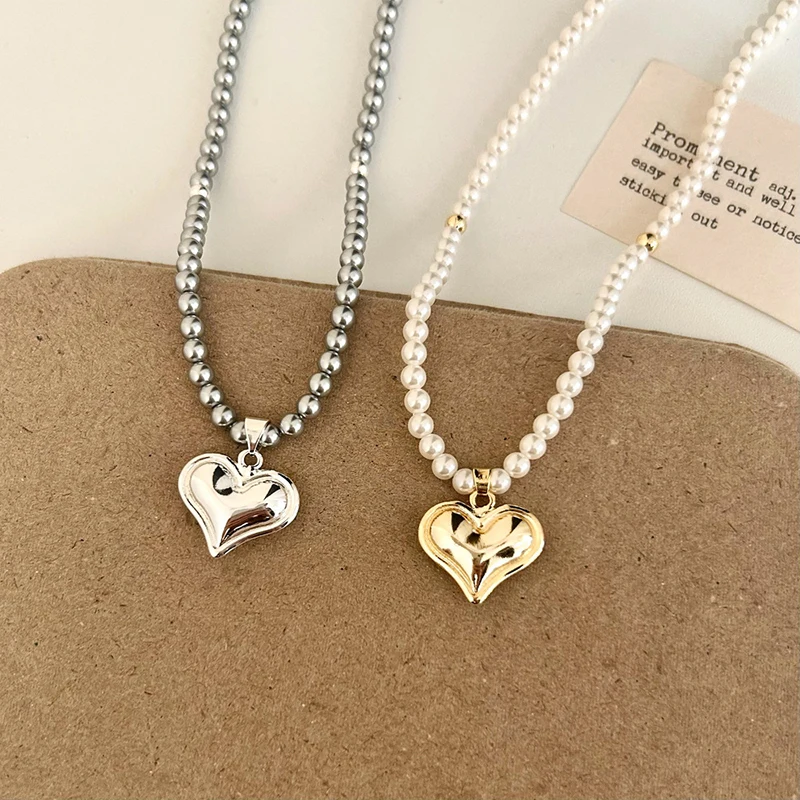 

PONYKISS Tibetan Silver Heart Imitation Pearl Bead Pendant Necklaces for Women Vintage Fashion Jewelry Personality Accessories