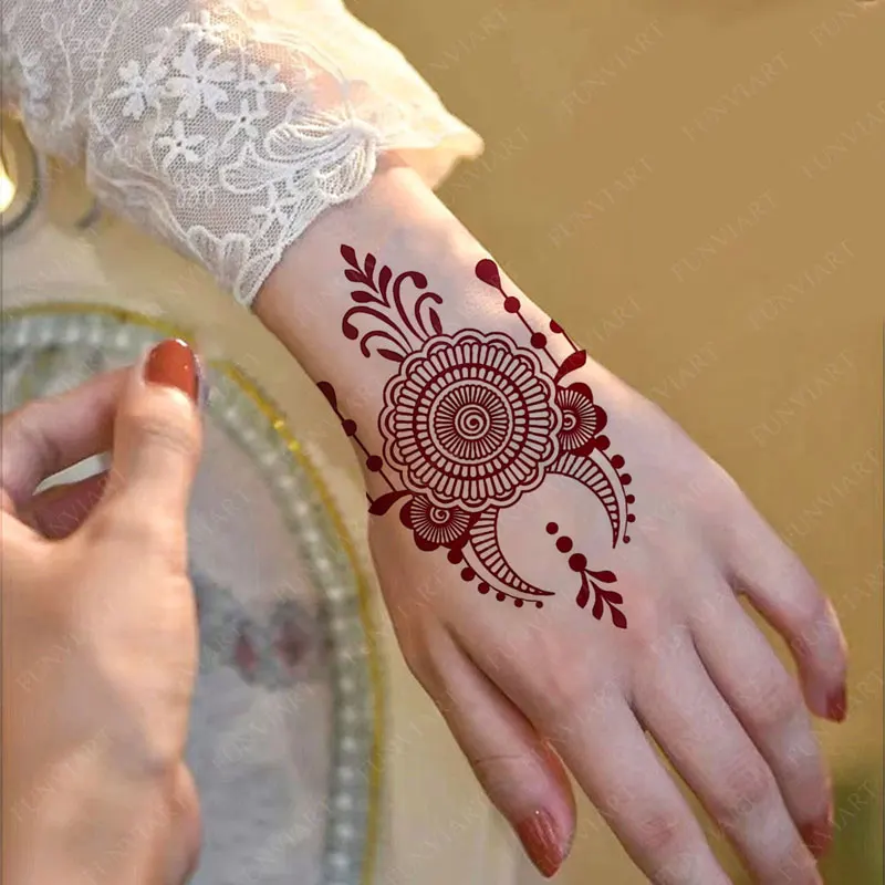 وشم مزيف بنمط القمر للنساء، ملصقات وشم الحناء للاستعمال مرة واحدة لورق زهرة اليد، وشم مؤقت لديكور الجسم في رمضان